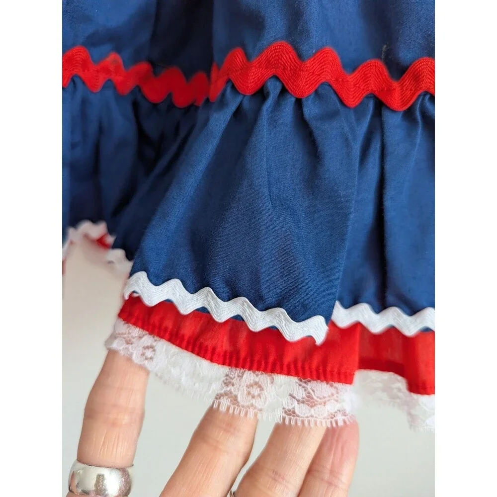 Vintage Full Circle Toddler Dress Red Blue Americana Patriotic Dirndl Lace Bell